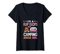 Women's I'm A Flip Flops and Camping Kinda Girl Camper V-Neck T-Shirt