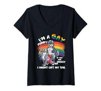 Womens I'm A Gay Furry Pride Month Gay LGBTQ Rainbow Fox Furry V-Neck T-Shirt