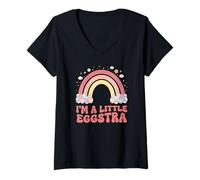 Women's I'm A Little Eggstra Easter Pun Groovy Rainbow Eggs V-Neck T-Shirt