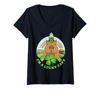 Women's I'm A Lucky Capy St. Patrick's Day Capybara Rainbow V-Neck T-Shirt