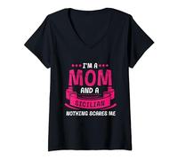 Womens I'm A Mom And Sicilian Nothing Scares Me Funny Sicilia V-Neck T-Shirt