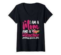 Women's Im A Mom & Teacher Nothing Scares Me Mothers Day Teacher Mom V-Neck T-Shirt
