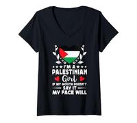 Womens I'm a Palestinian Girl Palestinian Face Palestine Flag V-Neck T-Shirt