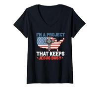 Women's I'm a Project that Keeps Jesus Busy Christian New Believer V-Neck T-Shirt