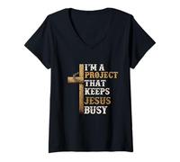 Women's I'm a Project that Keeps Jesus Busy Christian New Believer V-Neck T-Shirt