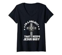 Women's I'm a Project that Keeps Jesus Busy Christian New Believer V-Neck T-Shirt
