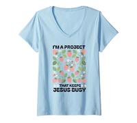 Women's I'm a Project that Keeps Jesus Busy Christian New Believer V-Neck T-Shirt