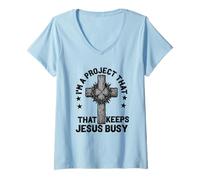 Women's I'm a Project that Keeps Jesus Busy Christian New Believer V-Neck T-Shirt