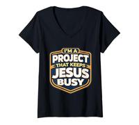 Women's I'm A Project that Keeps Jesus Busy Funny Christian Christ V-Neck T-Shirt
