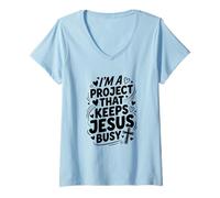 Women's Im A Project that Keeps Jesus Busy Funny Christian V-Neck T-Shirt