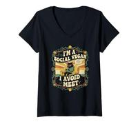 Womens I'm a Social Vegan I Avoid Meet Antisocial Cat Sarcastic V-Neck T-Shirt