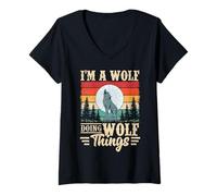 Women's I'm A Wolf Doing Wolf Things Howling Moon Retro Sunset V-Neck T-Shirt