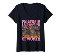 Womens I'm Afraid Of Women Funny Cat Meme Bootleg Graphic V-Neck T-Shirt