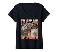 Womens I'm Afraid Of Women Funny Cat Meme Bootleg Graphic V-Neck T-Shirt
