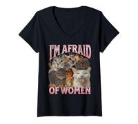 Womens I'm Afraid Of Women Funny Cat Meme Bootleg Graphic V-Neck T-Shirt