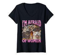 Womens I'm Afraid Of Women Funny Cat Meme Bootleg Graphic V-Neck T-Shirt