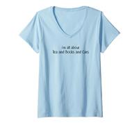 Women's I'm All About Tea and Books and Cats Funny Text Statement V-Neck T-Shirt