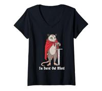 Women's I'm Burnt Out M'lord Funny Medieval Knight Possum Sword V-Neck T-Shirt