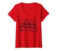 Womens I'm Dreaming of a White Christmas Reindeer Sleigh Quote V-Neck T-Shirt