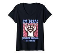 Womens I'm Feral Because Normal is Boring Humor Funny Raccoon V-Neck T-Shirt