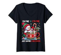 Womens I'm Fine It's Fine Just Having A Meltdown Santa V-Neck T-Shirt