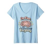 Women's I'm Fine Just Overthinking Brain Doodle V-Neck T-Shirt