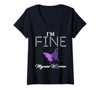 Womens I'm Fine Ribbon Warrior Migraine Awareness V-Neck T-Shirt
