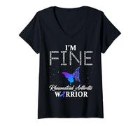 Womens I'm Fine Ribbon Warrior Rheumatoid Arthritis Awareness V-Neck T-Shirt