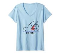 Womens I'm Fine Shark Attack Bloody Funny Man Eating Stick Person V-Neck T-Shirt