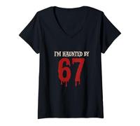 Womens I'm Haunted by 67 Funny Creepy Halloween Six Seven V-Neck T-Shirt