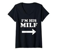 Womens I'm his MILF with Arrow Married Wife Bride Girlfriend Humor V-Neck T-Shirt