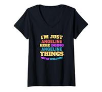 Womens I'm Just Angeline Doing Angeline Things You're Welcome V-Neck T-Shirt