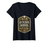 Women's I'm Just Checking My Plants Dark Humor Halloween Backyard V-Neck T-Shirt
