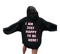 Women's I'M Just Happy to Be Here Y2K Hoodies Fashion Casual Loose Fitting Pullover Sweatshirts Personalized 2025 Trendy Graphic Letter with Hood Outfits Preppy Hooded Cute Vintage Black