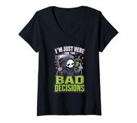 Women's Im Just Here for The Bad Decisions Grim Reaper Sarcasm V-Neck T-Shirt