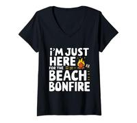 Womens I'm Just Here for The Beach Bonfire Ocean Sunset Campfire V-Neck T-Shirt