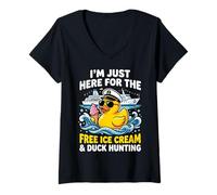 Women's I'm Just Here for The Free Ice Cream and Duck Hunting V-Neck T-Shirt