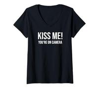 Womens I'm Just Here for the Kiss Cam Show Kiss Me Youre On Camera V-Neck T-Shirt
