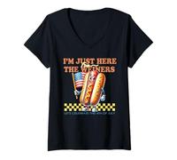 Womens I'm Just Here For The Wieners 4th Of July USA Flag Hotdog V-Neck T-Shirt