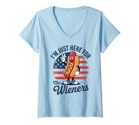 Womens I'm Just Here for the Wieners Funny Hot Dog Cartoon USA BBQ V-Neck T-Shirt