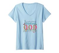 Women's I'm Just Out Here Trusting GOD Faith Leopard Print Design V-Neck T-Shirt