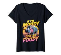 Womens I'm Moody Give Me Foody Hippopotamus Cute Hippo V-Neck T-Shirt