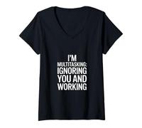 Womens I'm Multitasking Ignoring You and Working V-Neck T-Shirt