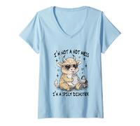Womens I'm Not A Hot-Mess Spicy Disaster Sassy Highland Cow Women V-Neck T-Shirt