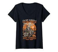 Womens I'm Not Always a Train Wreck, Funny Halloween Skeleton Crew V-Neck T-Shirt