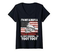 Womens I'm Not Always A Train Wreck Locomotive American Flag Retro V-Neck T-Shirt