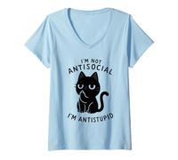 Womens Im Not Antisocial Im Antistupid Black Cat Humor V-Neck T-Shirt