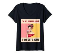 Women's I'm Not Drinking Alone If The Cat's Home Retro Wine Lover V-Neck T-Shirt