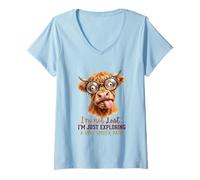 Women's Im Not Lost Exploring A Specific Path Highland Cow Glasses V-Neck T-Shirt