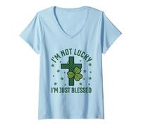 Women's Im Not Lucky Im Just Blessed Christian St Patricks Day Cross V-Neck T-Shirt